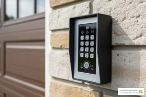 garage door keypad mounted on exterior wall, modern home, keyless entry close-up