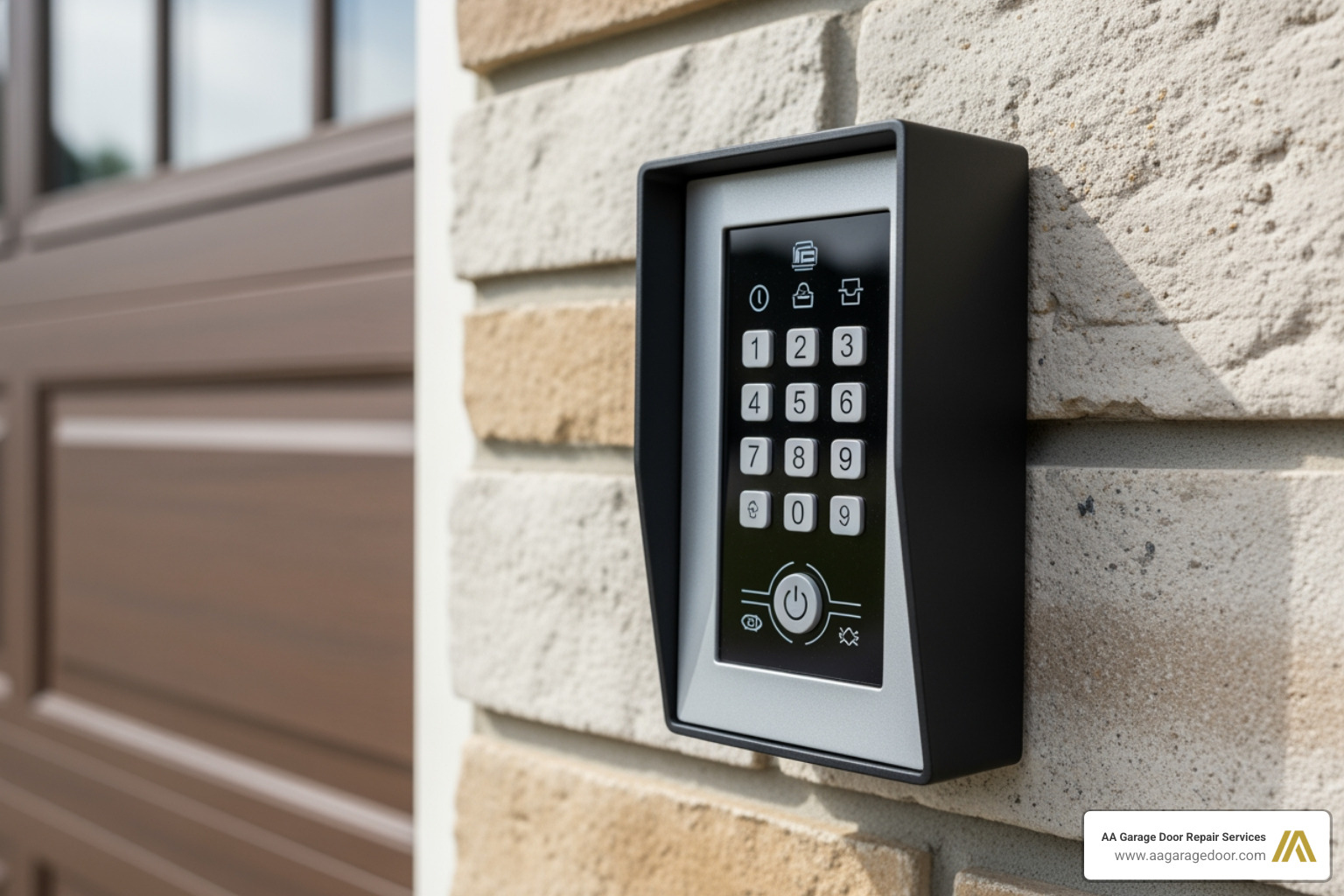 garage door keypad mounted on exterior wall, modern home, keyless entry close-up