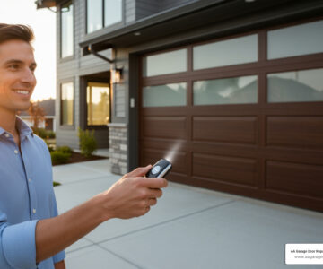 person smiling while pressing a garage door remote to close their garage - change garage door remote code