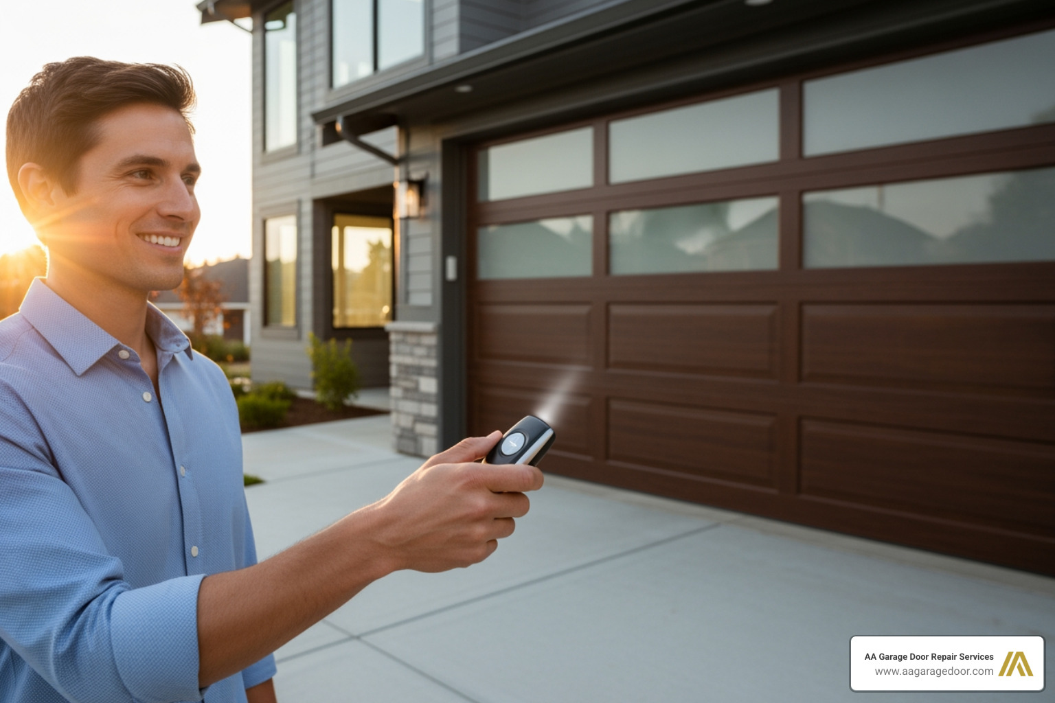 person smiling while pressing a garage door remote to close their garage - change garage door remote code