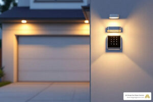 modern, well-lit garage with a sleek keypad mounted on the exterior wall - code for garage door