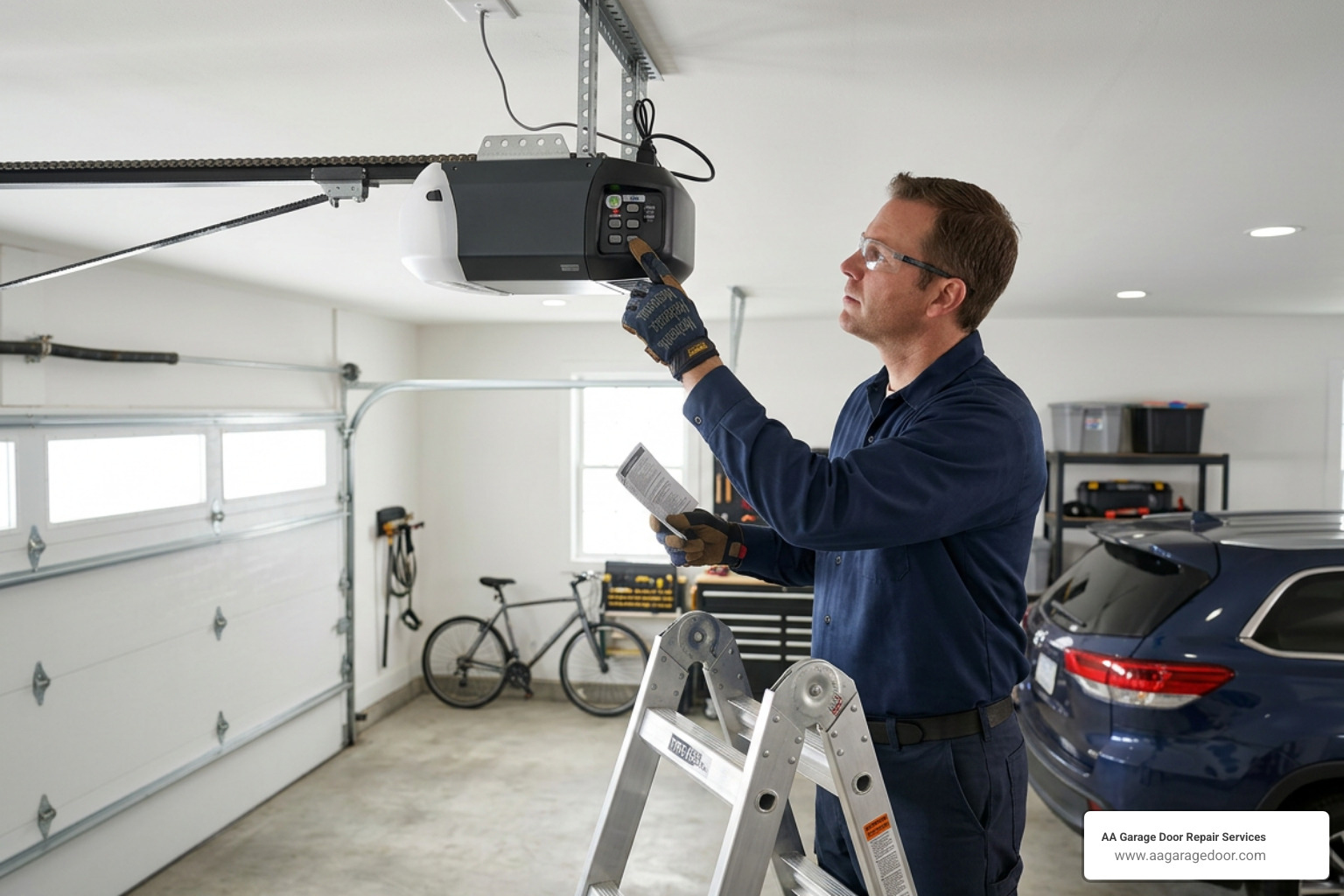 professional technician preparing to program a garage door opener motor unit