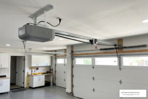 Genie garage door opener mounted on ceiling