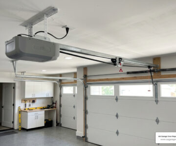 Genie garage door opener mounted on ceiling