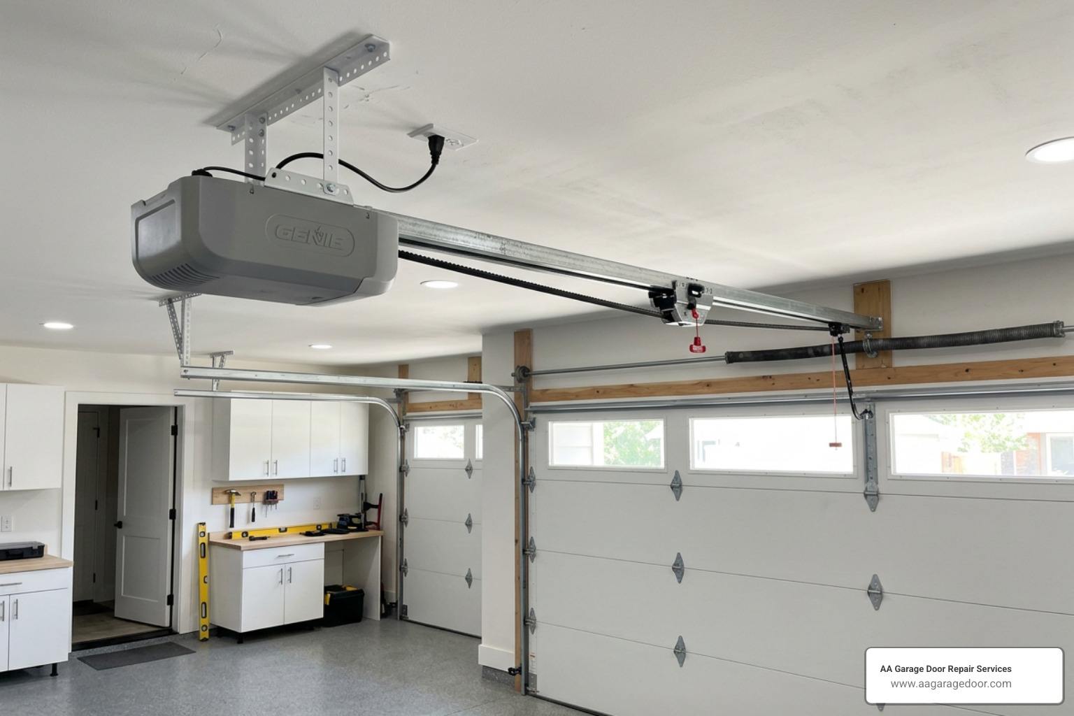 Genie garage door opener mounted on ceiling