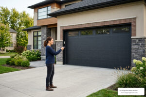 garage door remote reset homeowner pressing clicker outside modern home