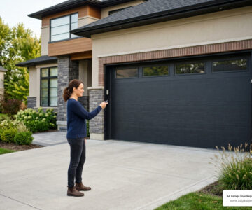 garage door remote reset homeowner pressing clicker outside modern home