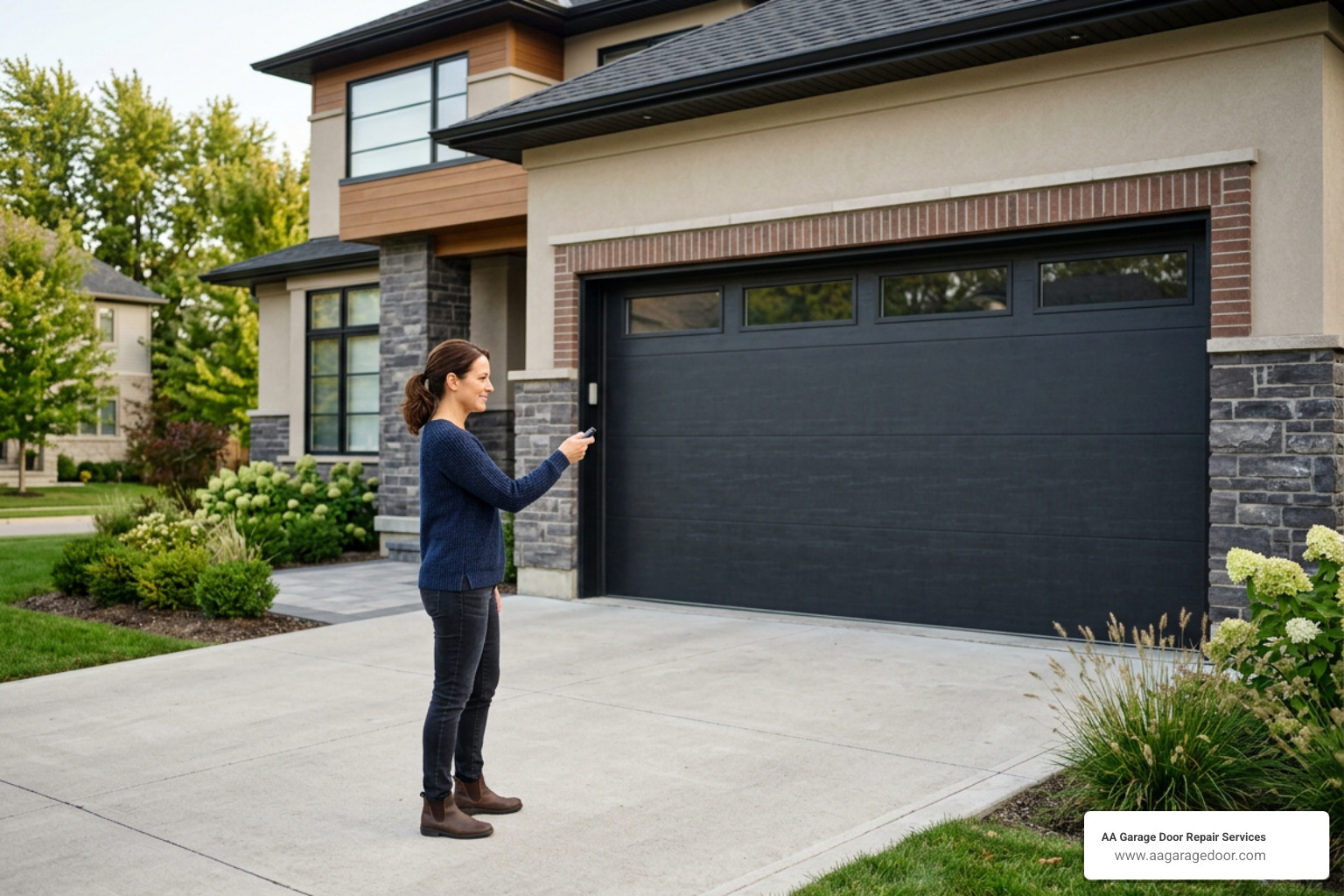 garage door remote reset homeowner pressing clicker outside modern home