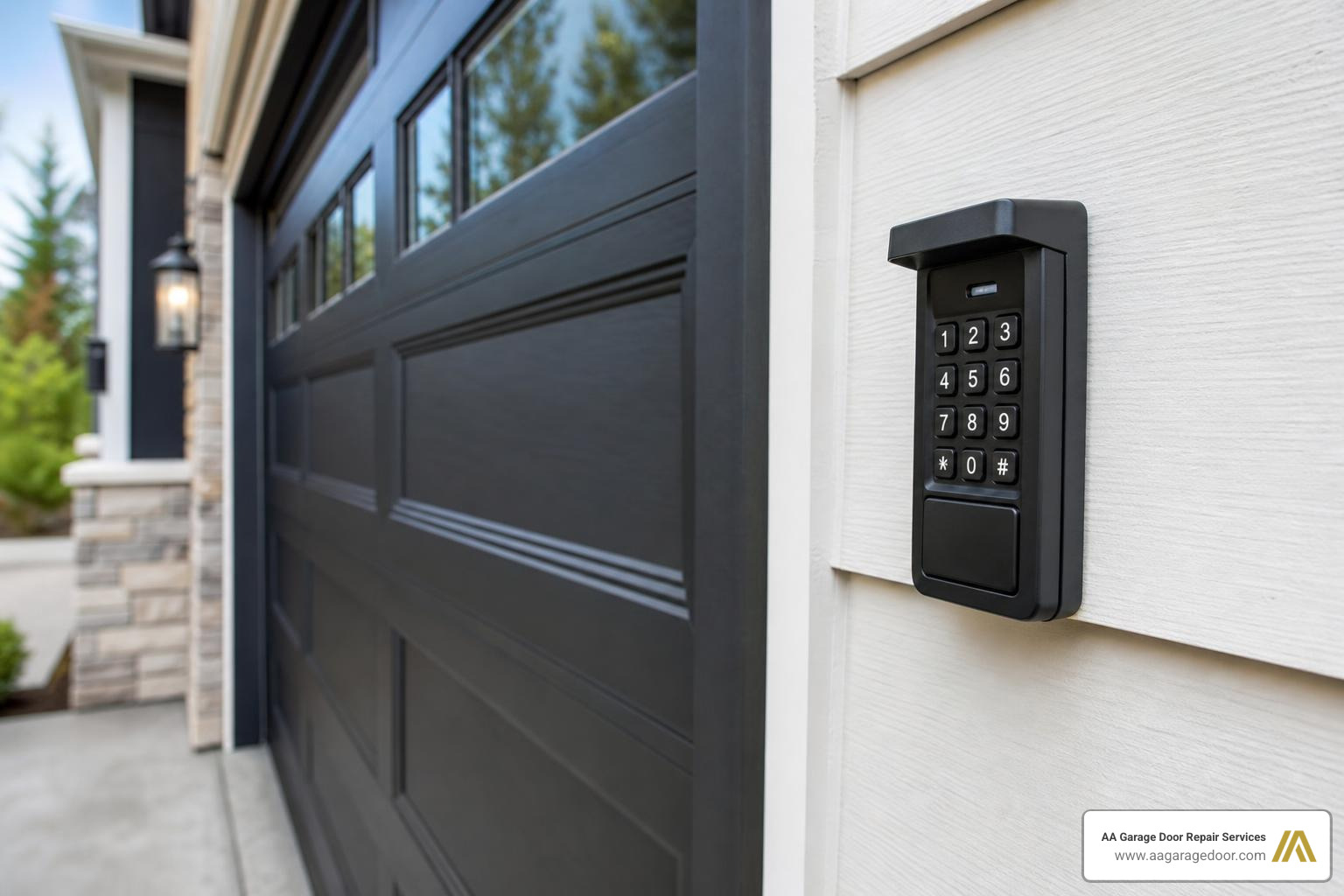 garage door keypad mounted on exterior wall next to modern garage door