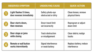 Comparison table of common garage door closing failure symptoms and solutions