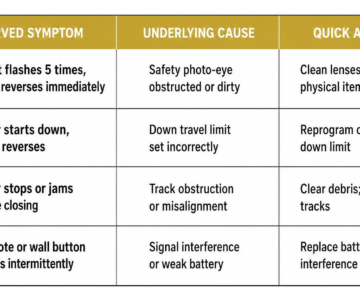 Comparison table of common garage door closing failure symptoms and solutions