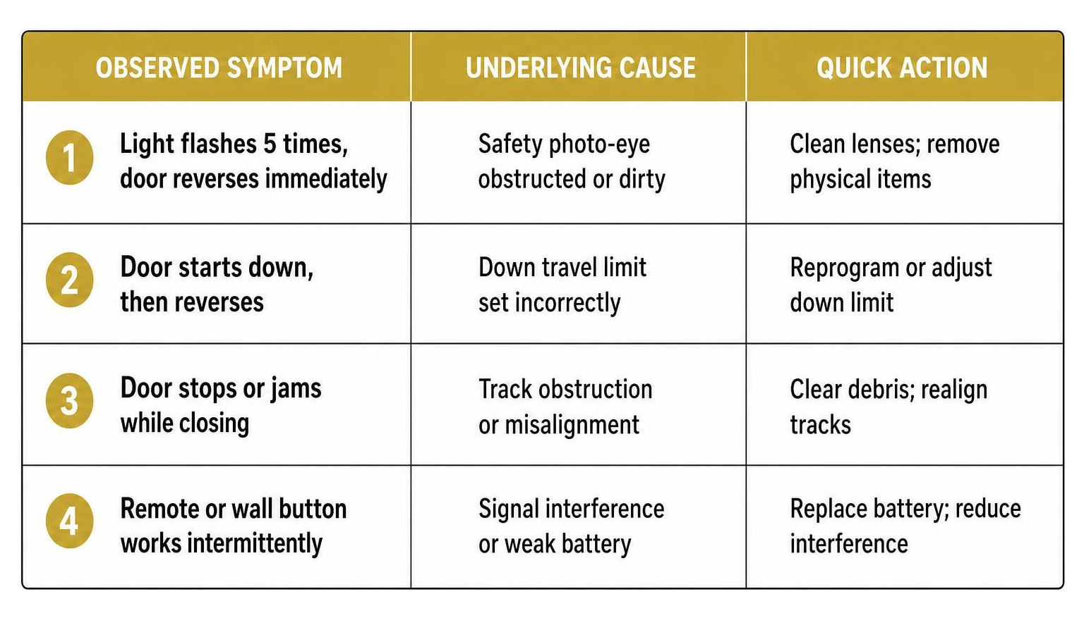 Comparison table of common garage door closing failure symptoms and solutions